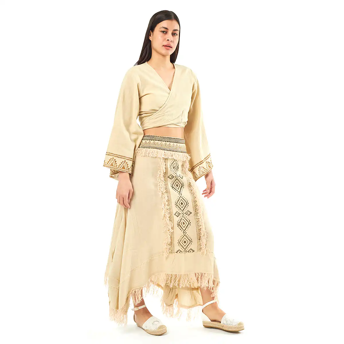 Verde Γυναικείο Σέτ Φούστα -Κροπ Τοπ 62-0010 Cotton Ινδίας Μπέζ