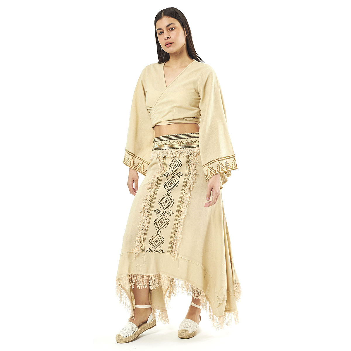 Verde Γυναικείο Σέτ Φούστα -Κροπ Τοπ 62-0010 Cotton Ινδίας Μπέζ