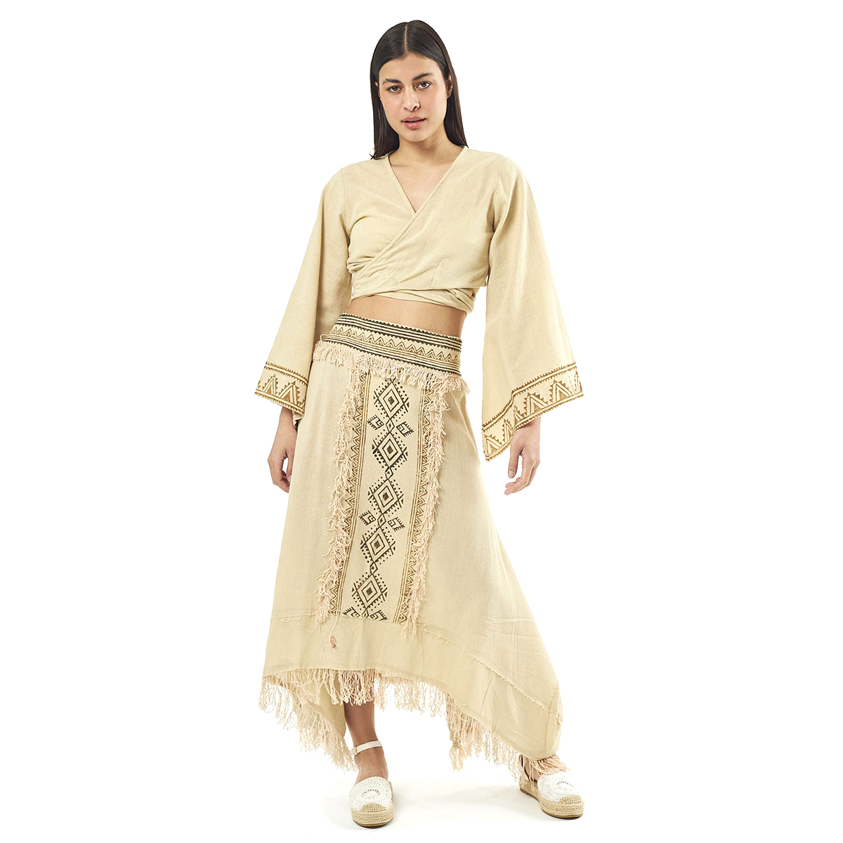 Verde Γυναικείο Σέτ Φούστα -Κροπ Τοπ 62-0010 Cotton Ινδίας Μπέζ