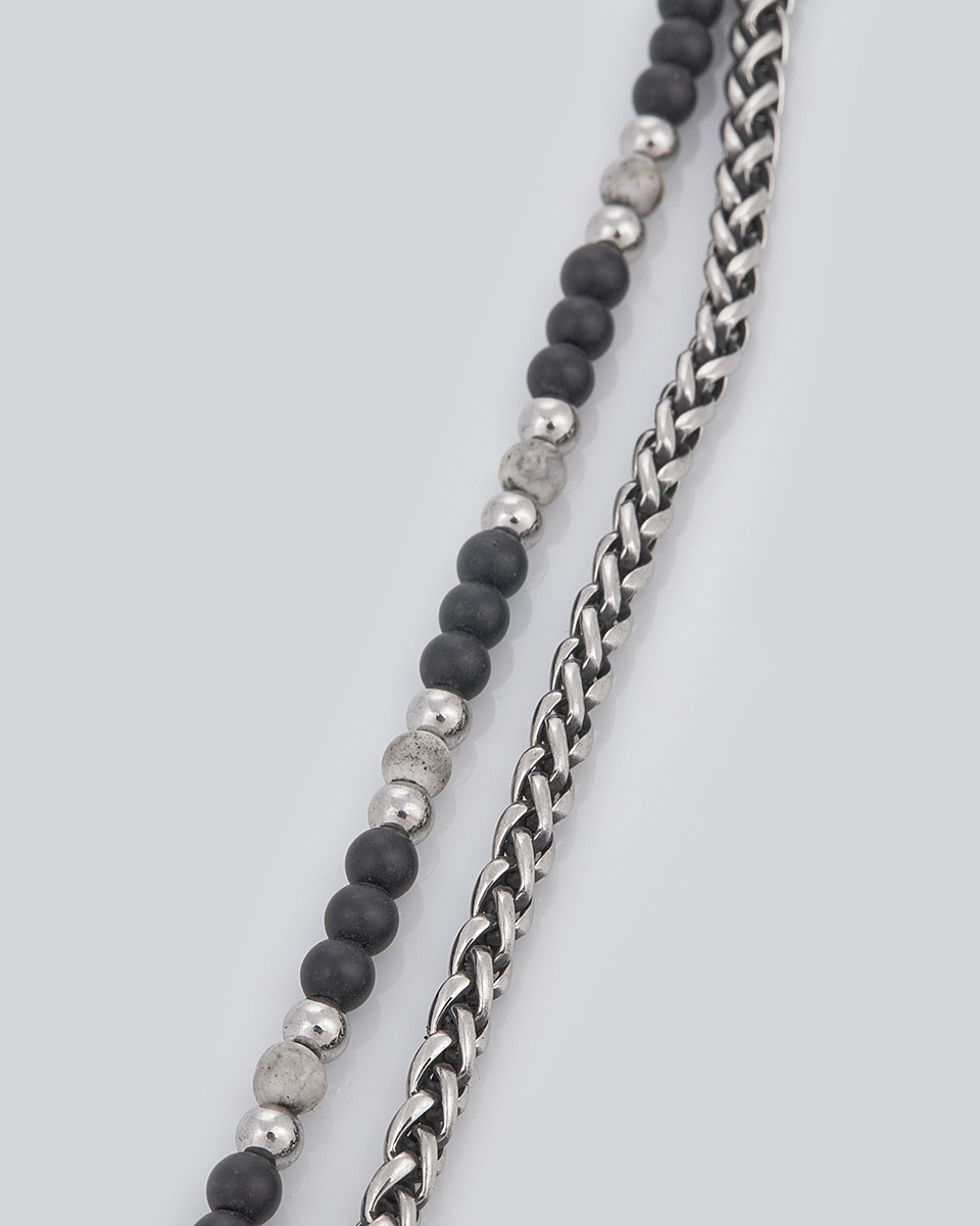 Sequoia Aνδρικό Βραχιόλι διπλή χειροπέδα από ανοξείδωτο ατσάλι με γκρι/μαύρες πέτρες SE-0692-BK