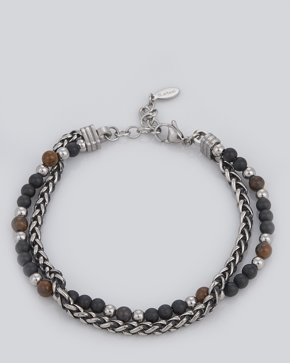 Sequoia Aνδρικό Βραχιόλι διπλή χειροπέδα από ανοξείδωτο ατσάλι με καφέ πέτρες SE-0692-BR