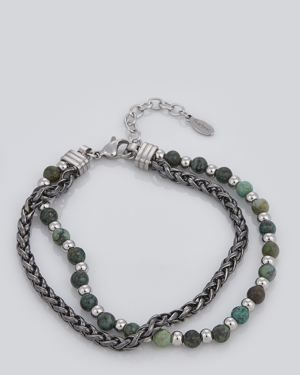 Sequoia Aνδρικό Βραχιόλι διπλή χειροπέδα από ανοξείδωτο ατσάλι με πράσινες πέτρες SE-0692-GN Sequoia Aνδρικό Βραχιόλι διπλή χειροπέδα από ανοξείδωτο ατσάλι με πράσινες πέτρες SE-0692-GN