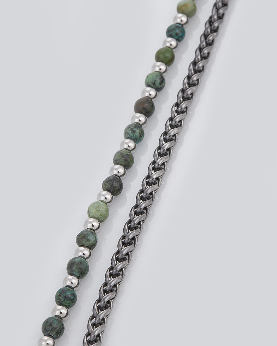 Sequoia Aνδρικό Βραχιόλι διπλή χειροπέδα από ανοξείδωτο ατσάλι με πράσινες πέτρες SE-0692-GN