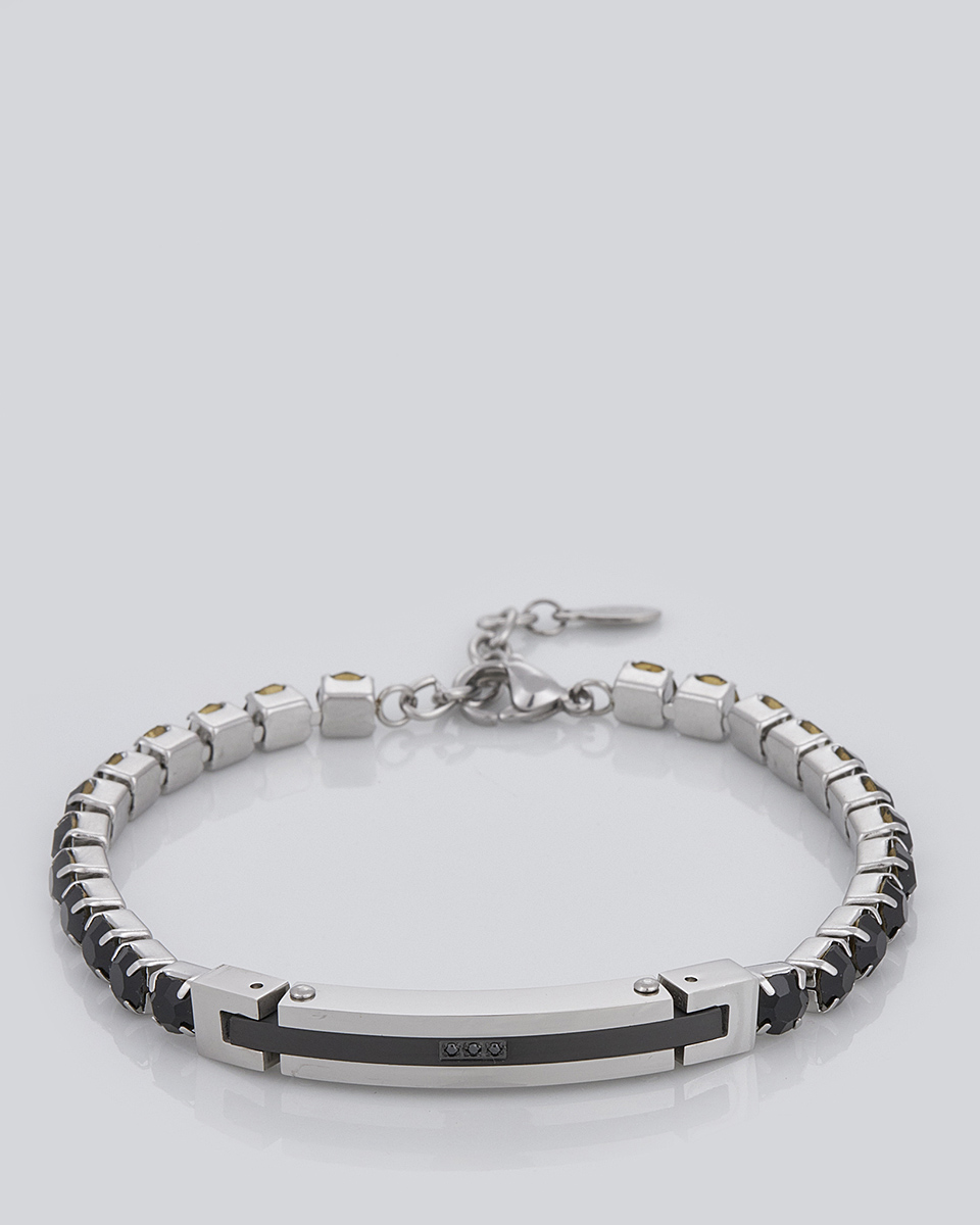Sequoia Aνδρικό Βραχιόλι χειροπέδα από ανοξείδωτο ατσάλι ασημί με μαύρες πέτρες SE-0693