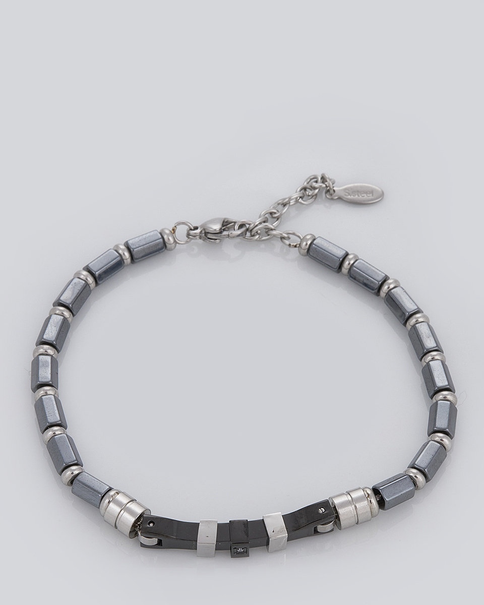 Sequoia Aνδρικό Βραχιόλι χειροπέδα από ανοξείδωτο ατσάλι ασημί-μαύρο με γκρί πέτρες SE-0699