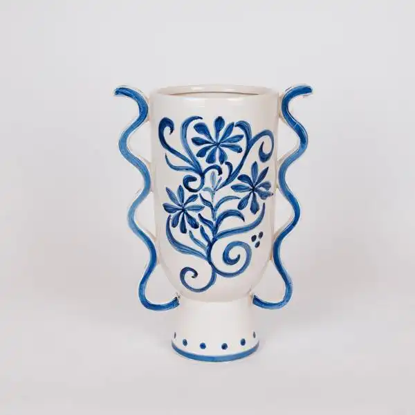 ΒΑΖΟ ΚΕΡΑΜΙΚΟ ΜΕ ΛΟΥΛΟΥΔΙΑ ΜΠΛΕ-ΛΕΥΚΟ 22.5x14x31cm