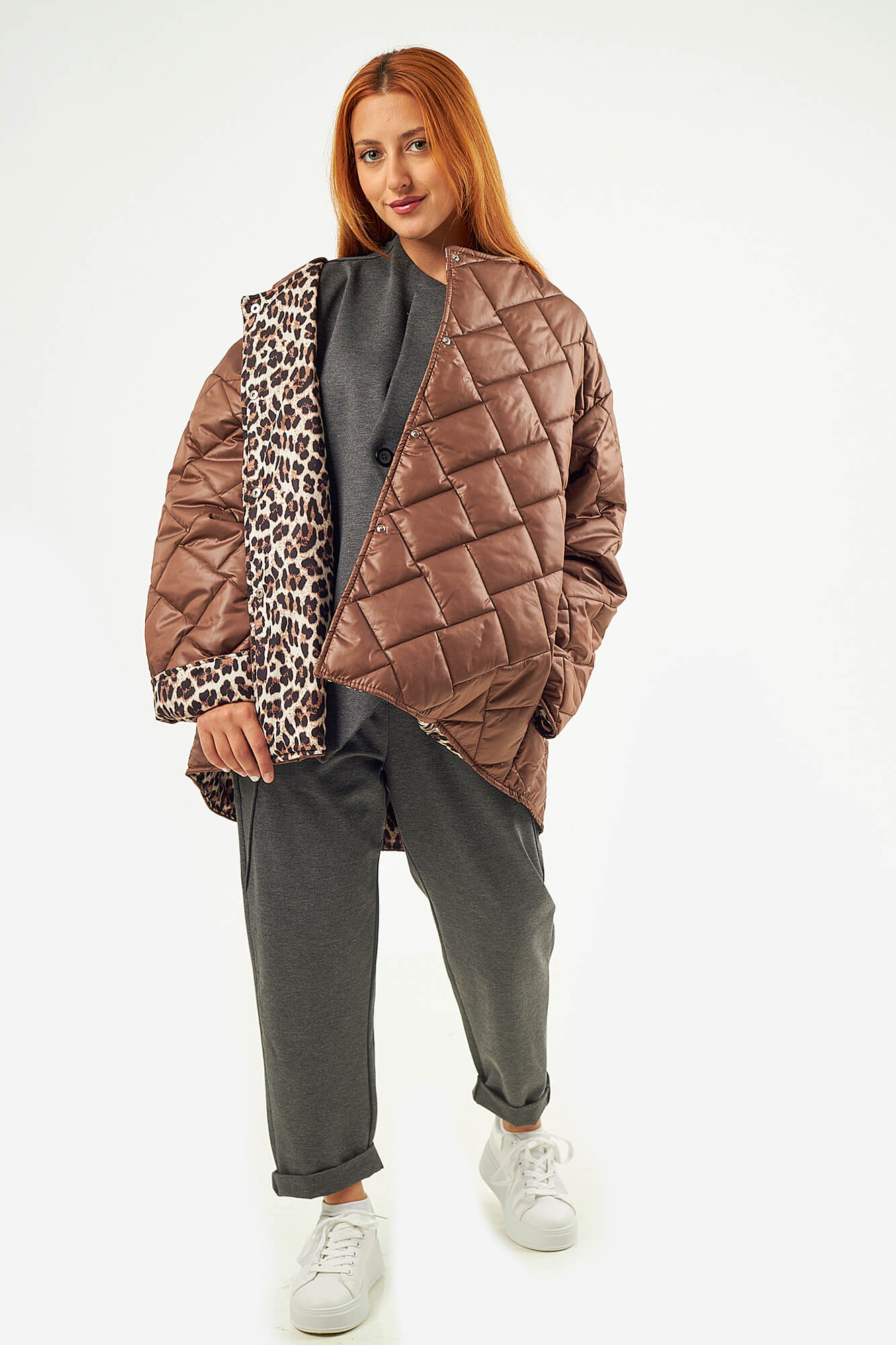 Sequoia Μοντέρνο Γυναικείο Oversize Μπουφάν με Καπιτονέ Σχέδιο και Επένδυση με Λεοπάρ JA-9793 Καφε