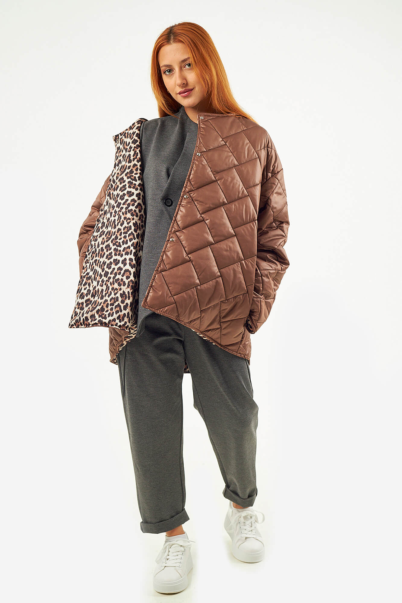Sequoia Μοντέρνο Γυναικείο Oversize Μπουφάν με Καπιτονέ Σχέδιο και Επένδυση με Λεοπάρ JA-9793 Καφε