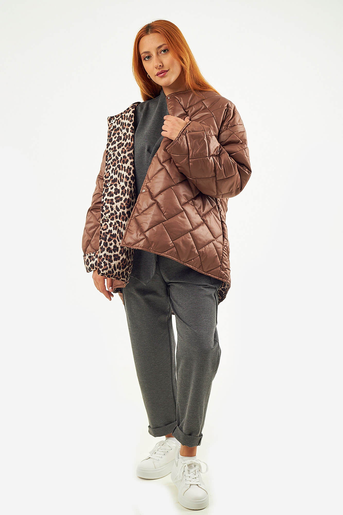 Sequoia Μοντέρνο Γυναικείο Oversize Μπουφάν με Καπιτονέ Σχέδιο και Επένδυση με Λεοπάρ JA-9793 Καφε