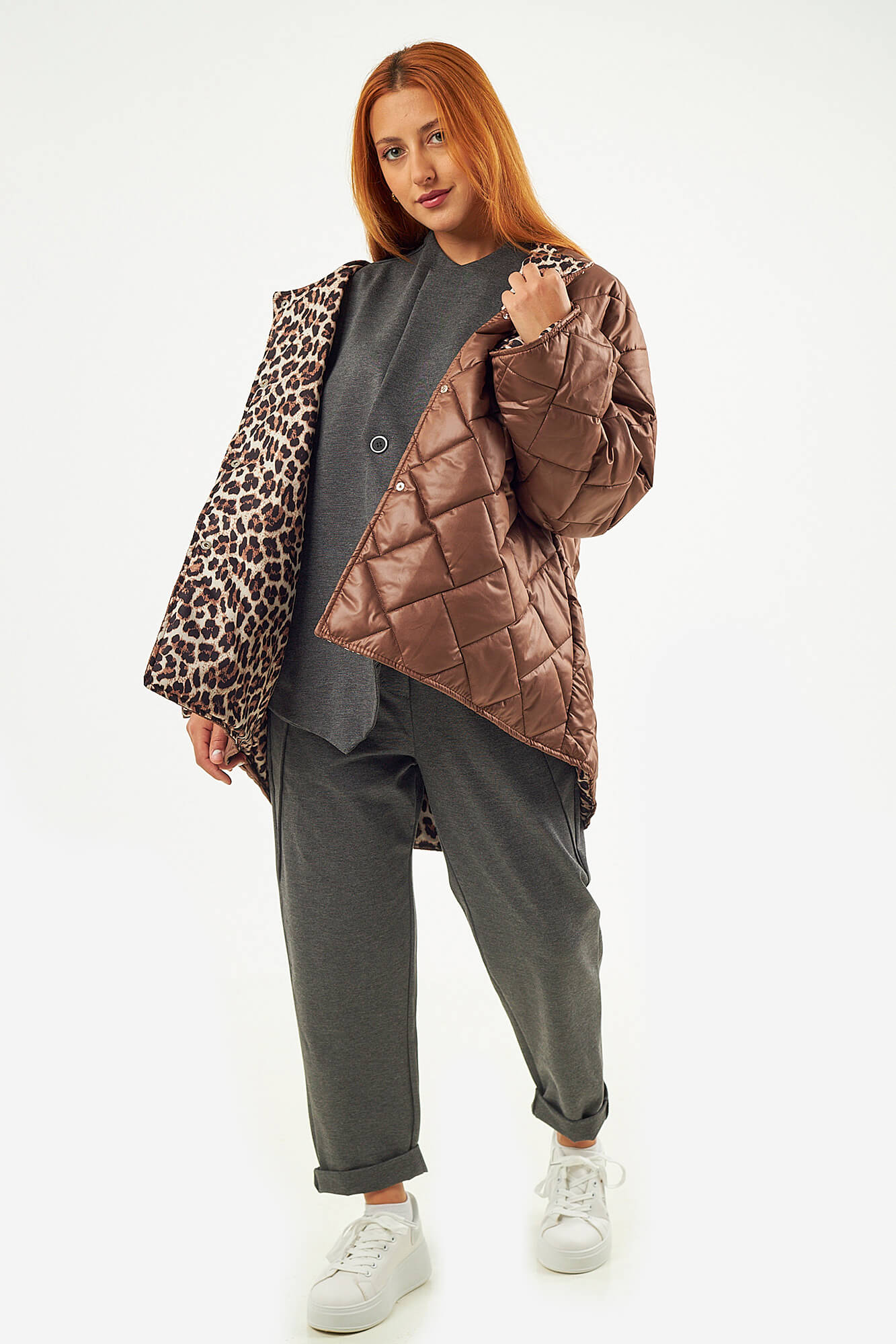 Sequoia Μοντέρνο Γυναικείο Oversize Μπουφάν με Καπιτονέ Σχέδιο και Επένδυση με Λεοπάρ JA-9793 Καφε