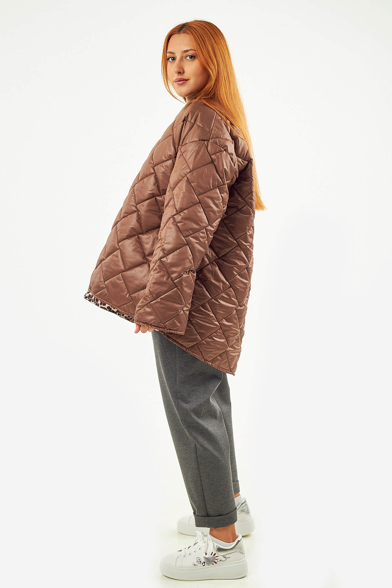 Sequoia Μοντέρνο Γυναικείο Oversize Μπουφάν με Καπιτονέ Σχέδιο και Επένδυση με Λεοπάρ JA-9793 Καφε