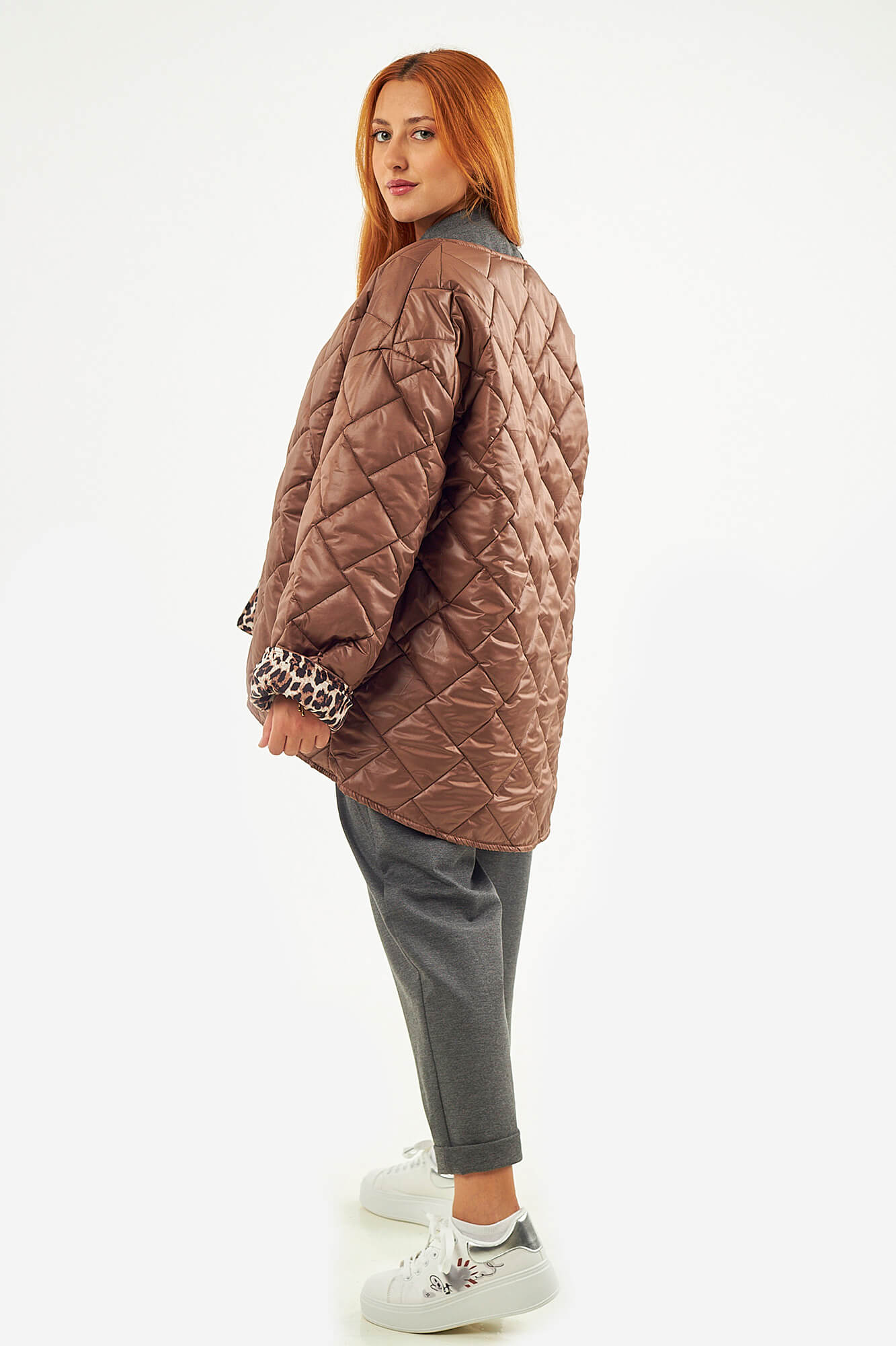 Sequoia Μοντέρνο Γυναικείο Oversize Μπουφάν με Καπιτονέ Σχέδιο και Επένδυση με Λεοπάρ JA-9793 Καφε