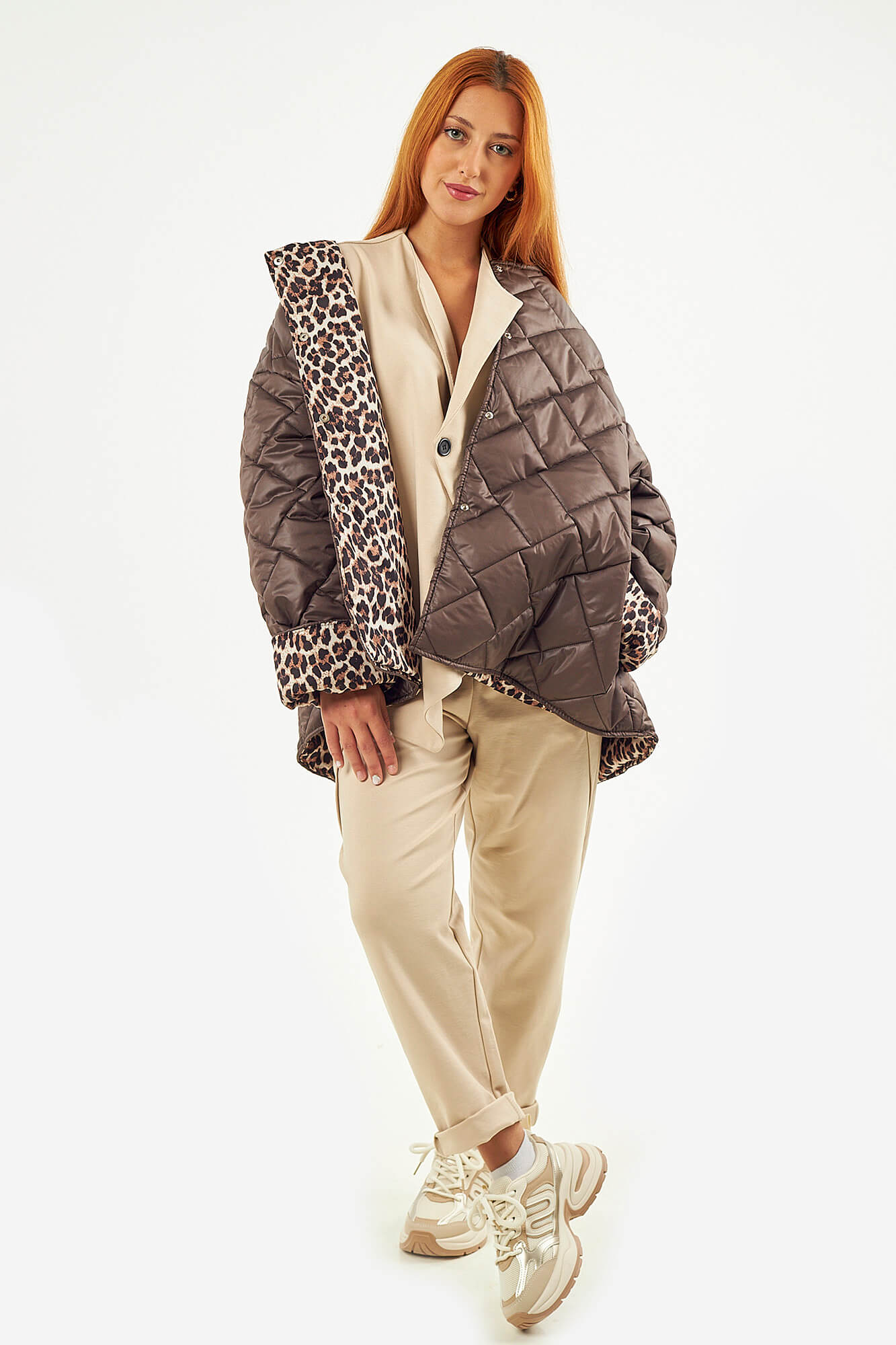 Sequoia Μοντέρνο Γυναικείο Oversize Μπουφάν με Καπιτονέ Σχέδιο και Επένδυση με Λεοπάρ JA-9793 Καφέ σοκολατί