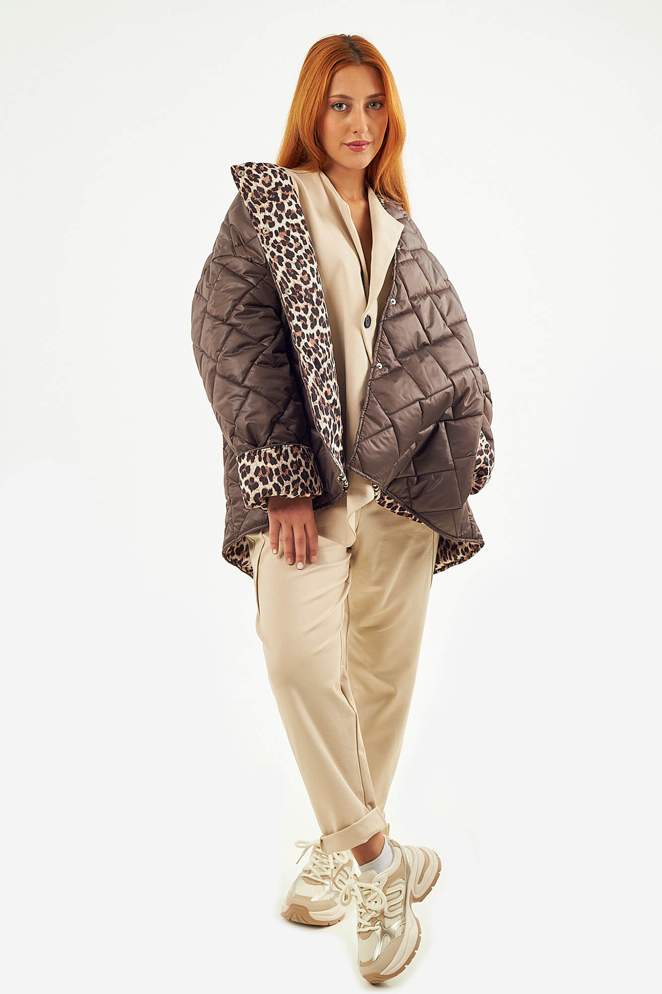 Sequoia Μοντέρνο Γυναικείο Oversize Μπουφάν με Καπιτονέ Σχέδιο και Επένδυση με Λεοπάρ JA-9793 Καφέ σοκολατί