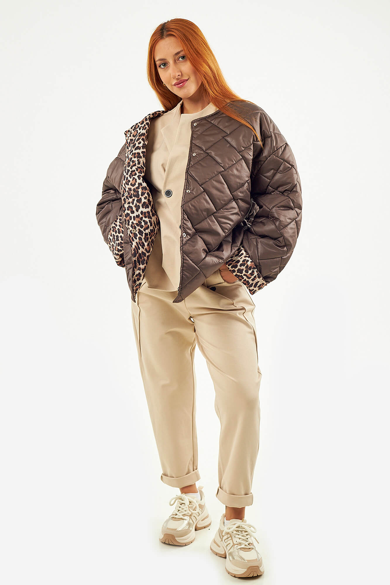 Sequoia Μοντέρνο Γυναικείο Oversize Μπουφάν με Καπιτονέ Σχέδιο και Επένδυση με Λεοπάρ JA-9793 Καφέ σοκολατί