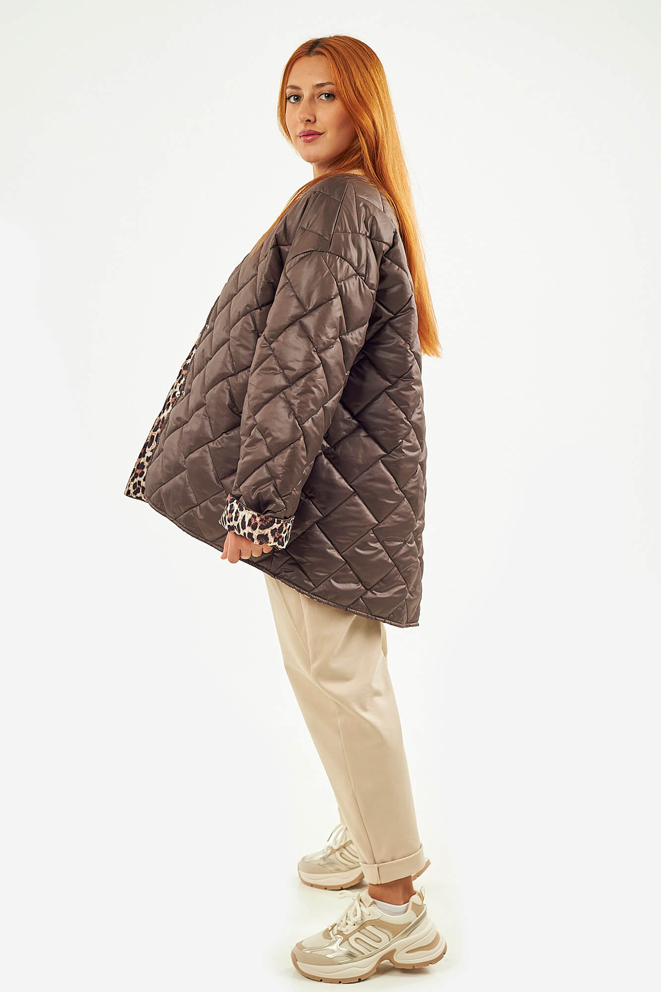 Sequoia Μοντέρνο Γυναικείο Oversize Μπουφάν με Καπιτονέ Σχέδιο και Επένδυση με Λεοπάρ JA-9793 Καφέ σοκολατί