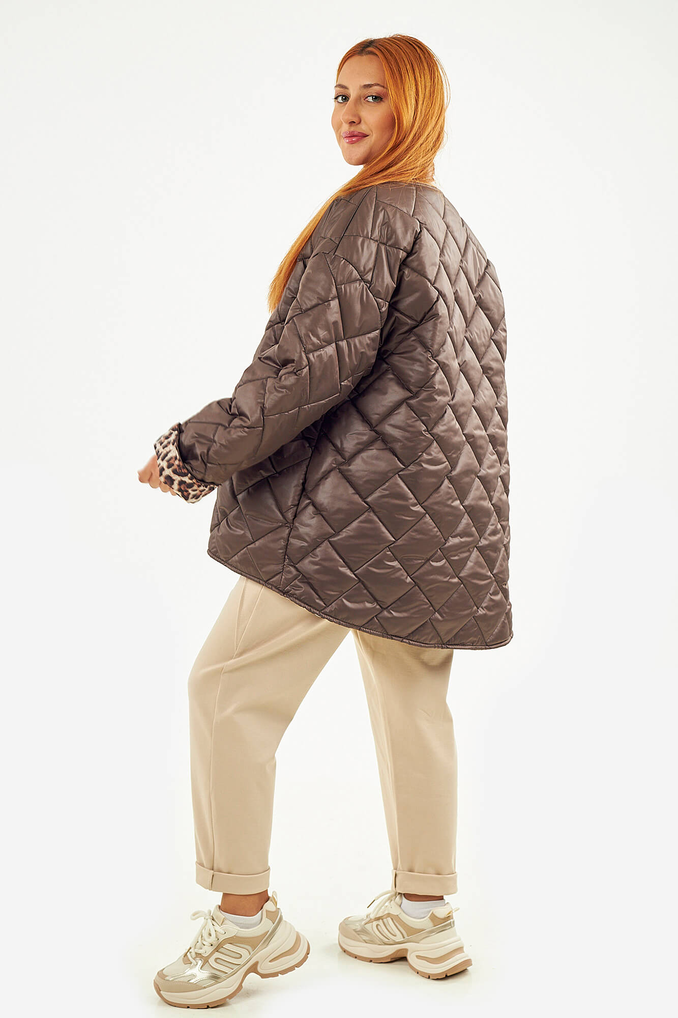 Sequoia Μοντέρνο Γυναικείο Oversize Μπουφάν με Καπιτονέ Σχέδιο και Επένδυση με Λεοπάρ JA-9793 Καφέ σοκολατί