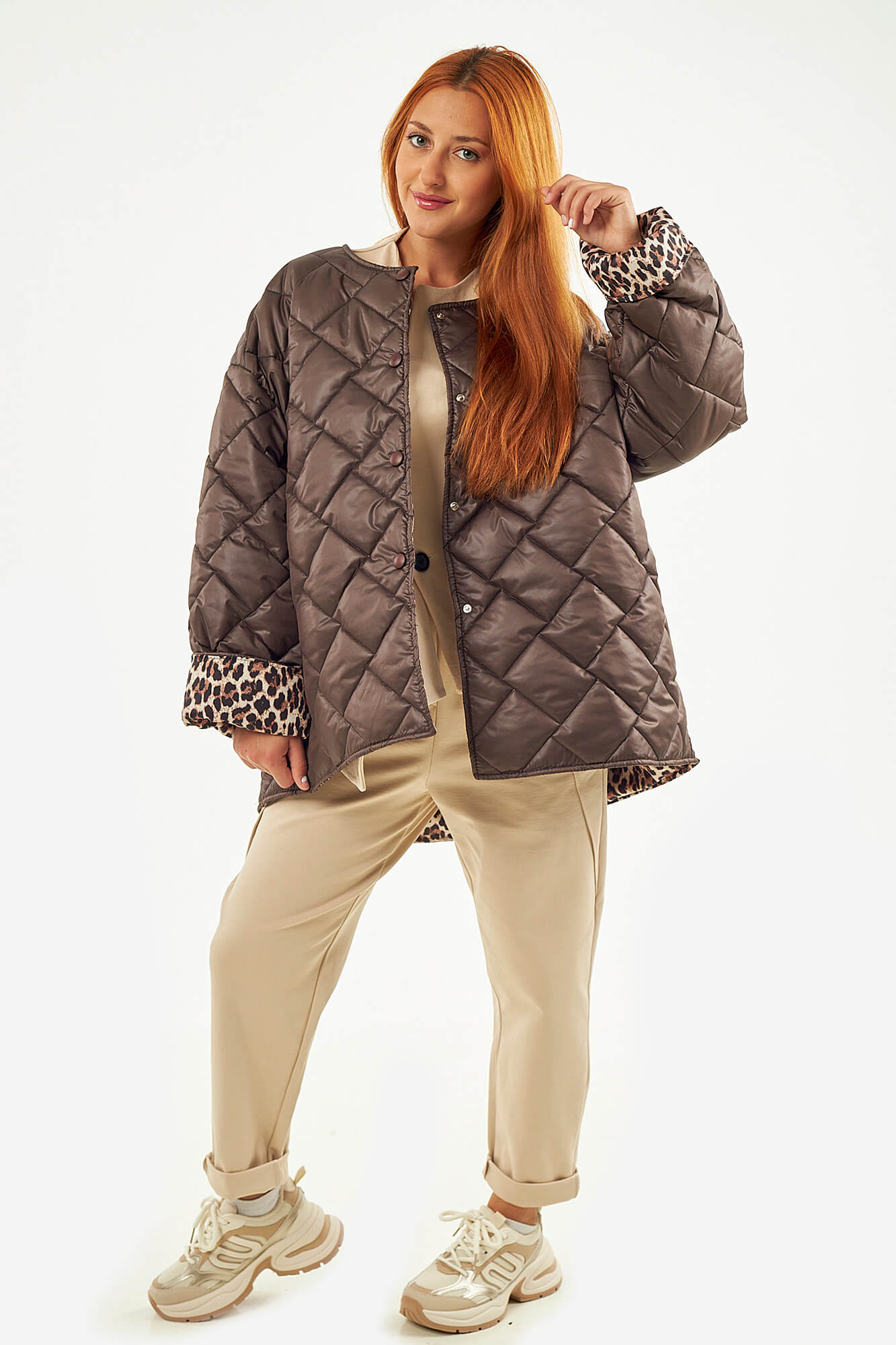 Sequoia Μοντέρνο Γυναικείο Oversize Μπουφάν με Καπιτονέ Σχέδιο και Επένδυση με Λεοπάρ JA-9793 Καφέ σοκολατί