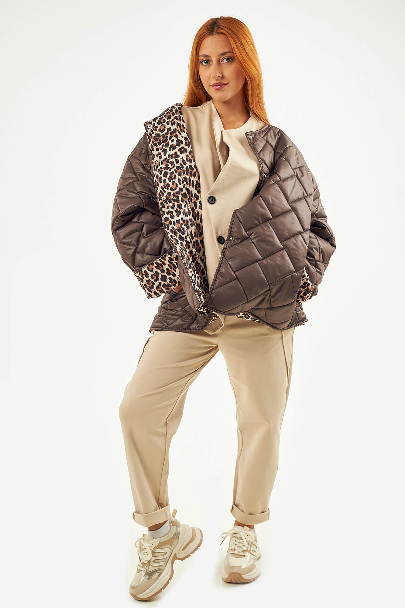 Sequoia Μοντέρνο Γυναικείο Oversize Μπουφάν με Καπιτονέ Σχέδιο και Επένδυση με Λεοπάρ JA-9793 Καφέ σοκολατί