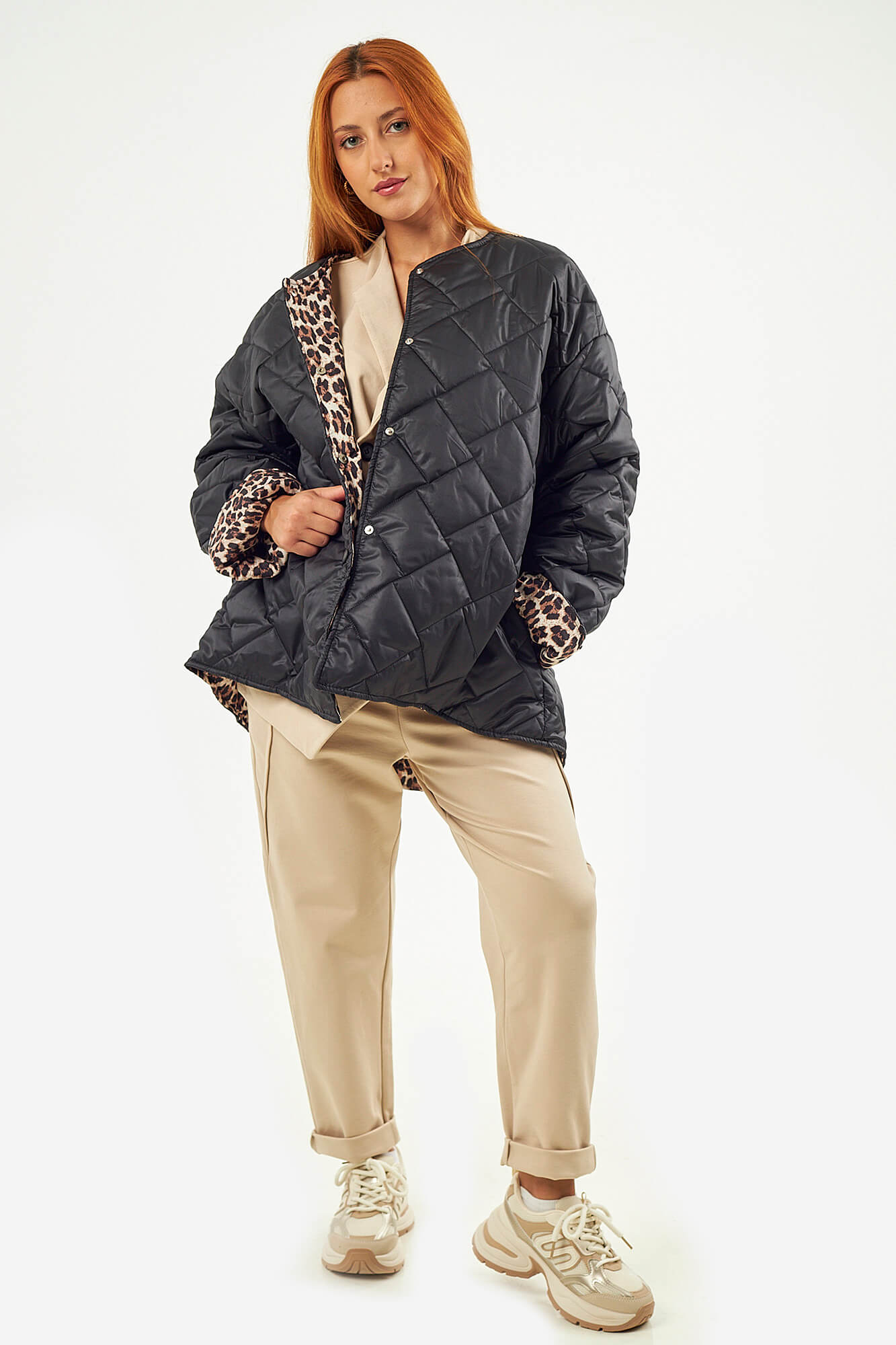 Sequoia Μοντέρνο Γυναικείο Oversize Μπουφάν με Καπιτονέ Σχέδιο και Επένδυση με Λεοπάρ JA-9793 Μαύρο