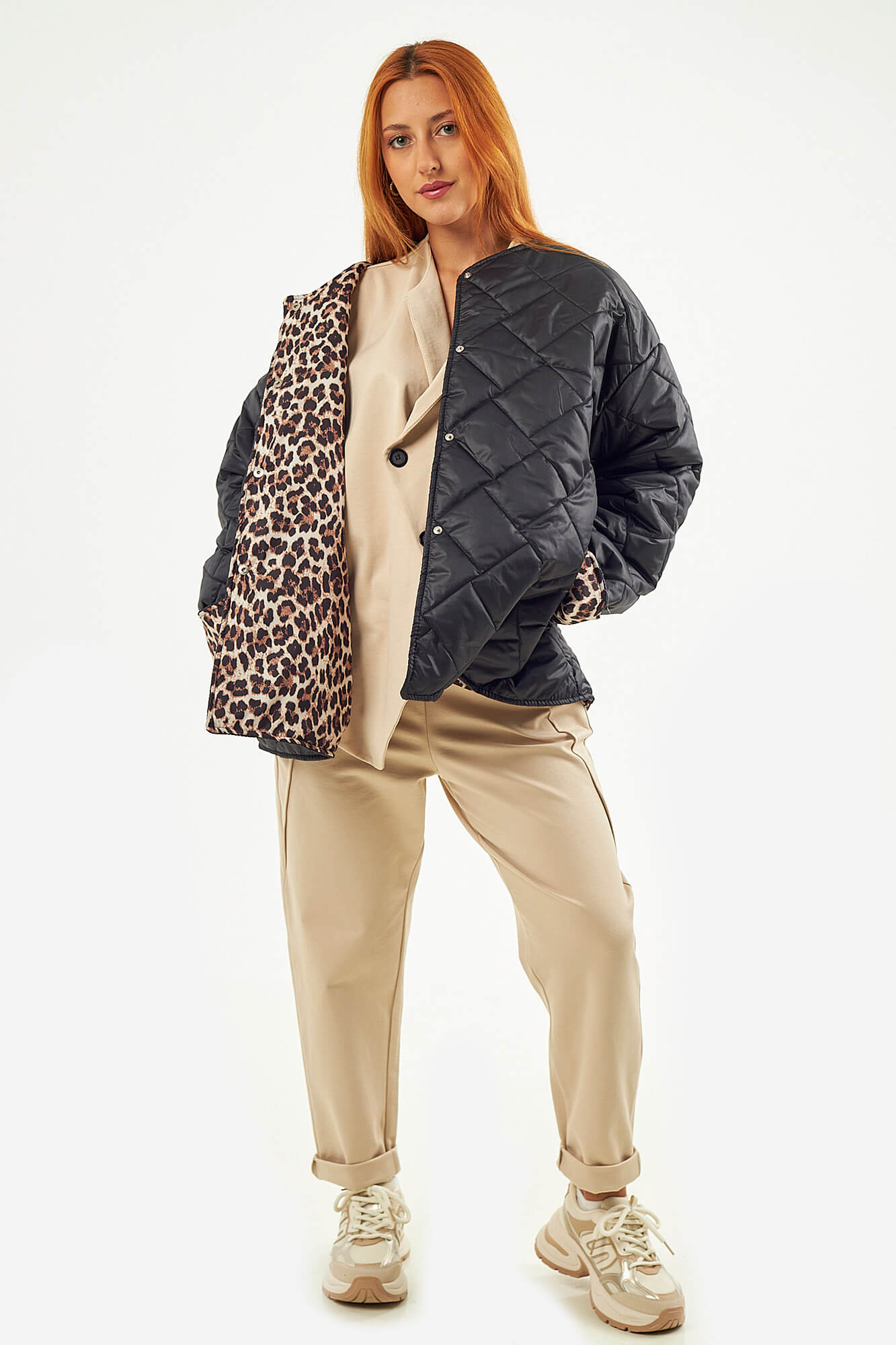 Sequoia Μοντέρνο Γυναικείο Oversize Μπουφάν με Καπιτονέ Σχέδιο και Επένδυση με Λεοπάρ JA-9793 Μαύρο