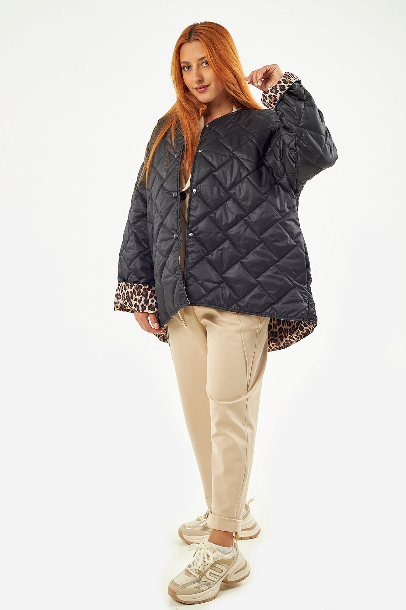 Sequoia Μοντέρνο Γυναικείο Oversize Μπουφάν με Καπιτονέ Σχέδιο και Επένδυση με Λεοπάρ JA-9793 Μαύρο