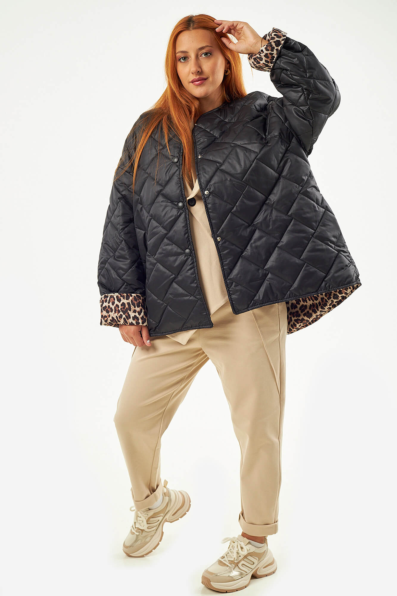 Sequoia Μοντέρνο Γυναικείο Oversize Μπουφάν με Καπιτονέ Σχέδιο και Επένδυση με Λεοπάρ JA-9793 Μαύρο