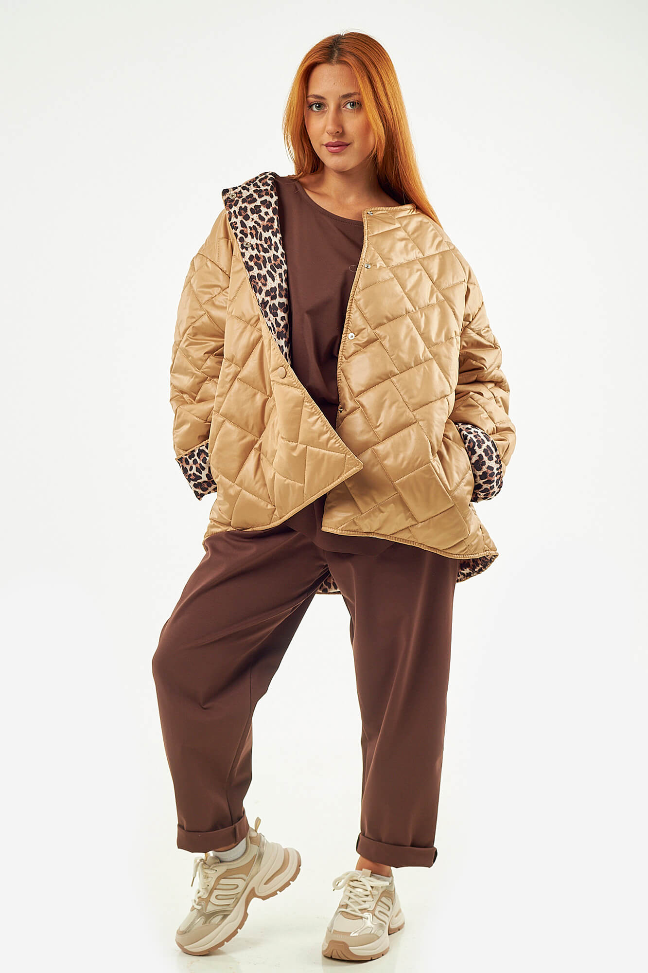 Sequoia Μοντέρνο Γυναικείο Oversize Μπουφάν με Καπιτονέ Σχέδιο και Επένδυση με Λεοπάρ JA-9793 Μπεζ