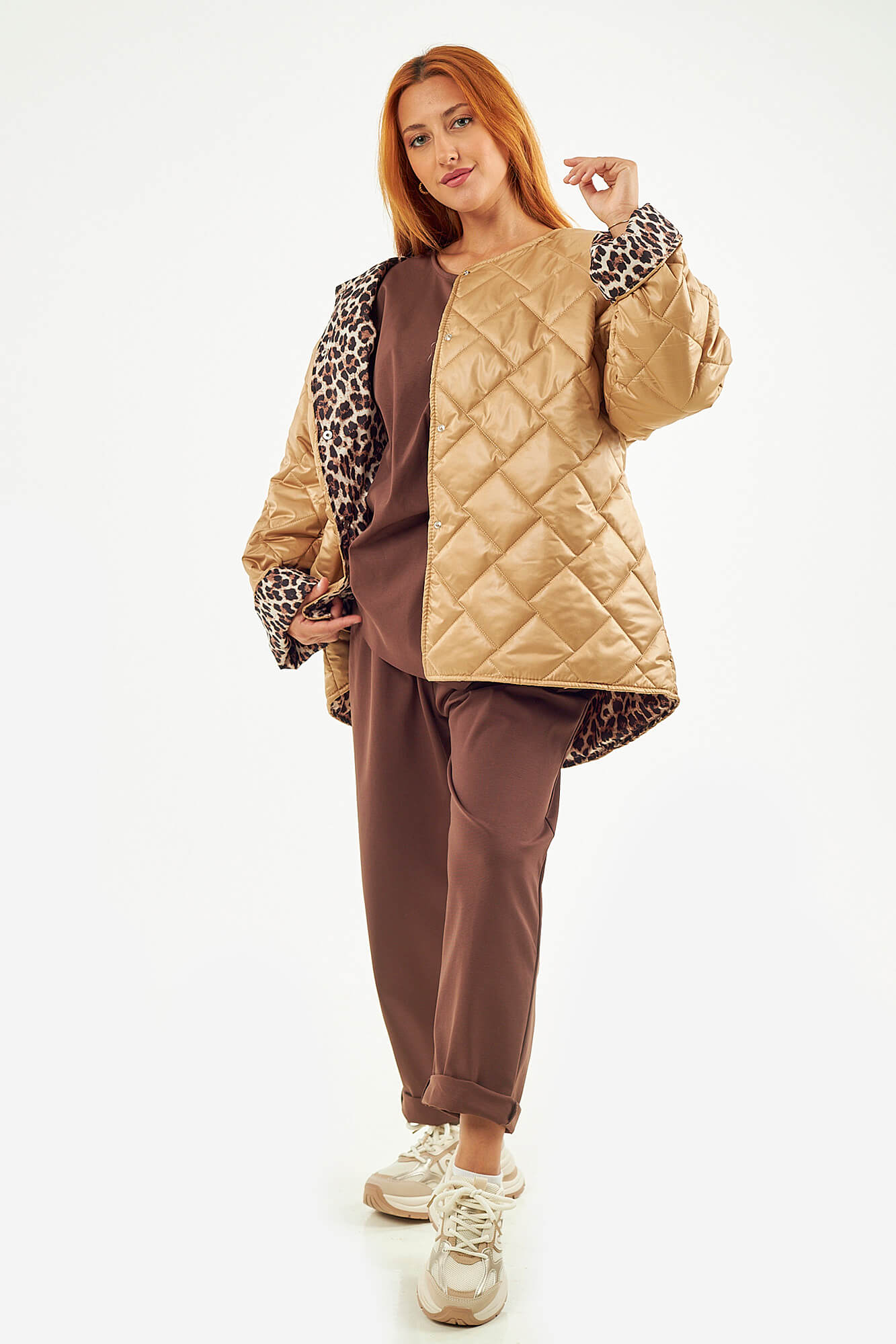Sequoia Μοντέρνο Γυναικείο Oversize Μπουφάν με Καπιτονέ Σχέδιο και Επένδυση με Λεοπάρ JA-9793 Μπεζ