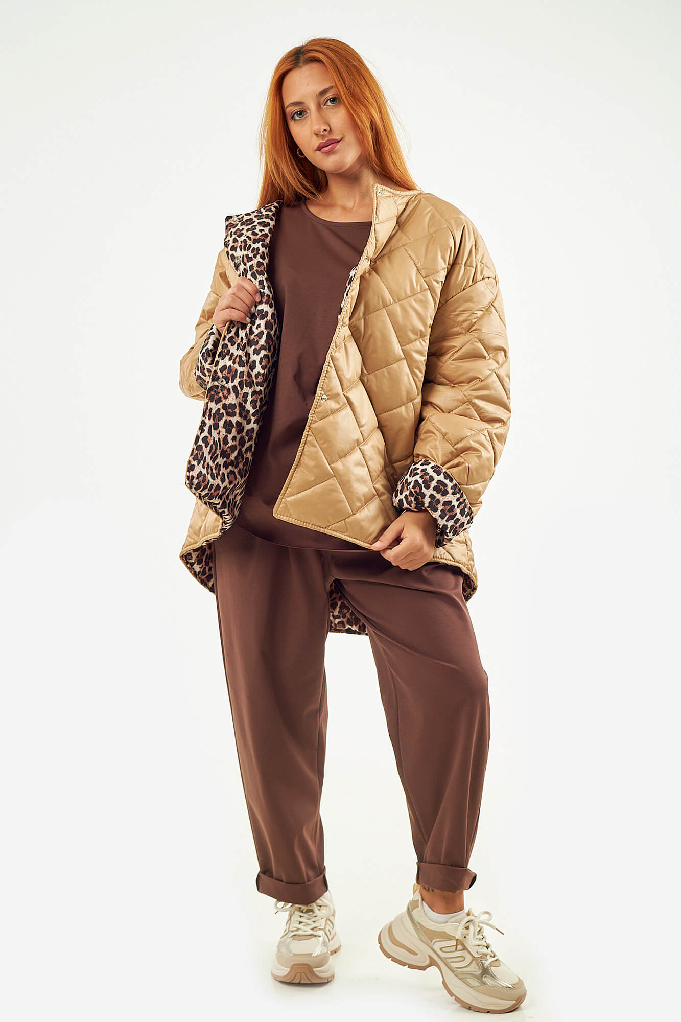Sequoia Μοντέρνο Γυναικείο Oversize Μπουφάν με Καπιτονέ Σχέδιο και Επένδυση με Λεοπάρ JA-9793 Μπεζ