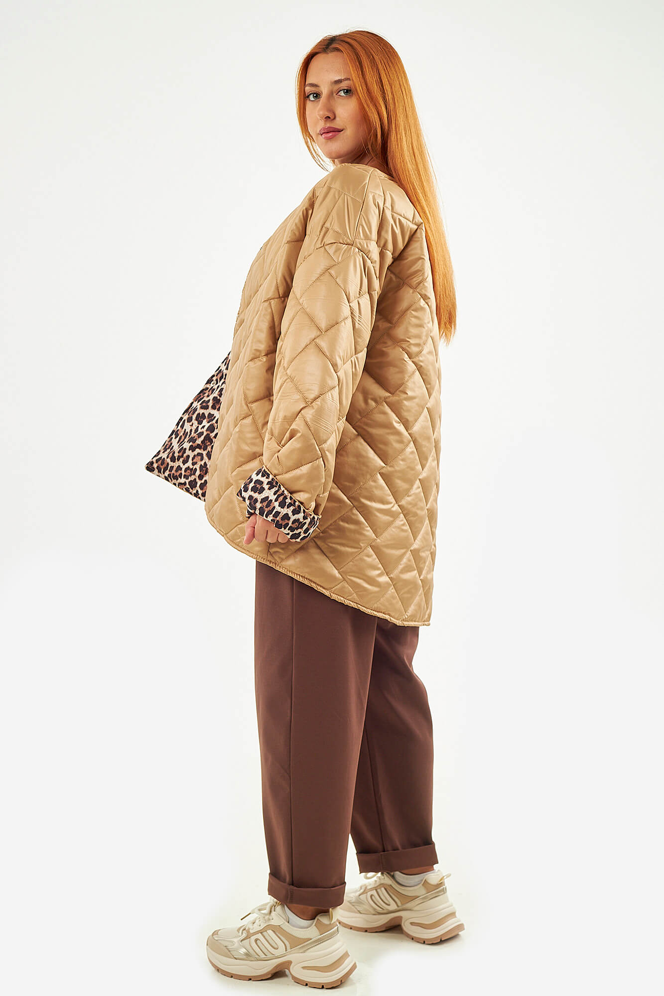 Sequoia Μοντέρνο Γυναικείο Oversize Μπουφάν με Καπιτονέ Σχέδιο και Επένδυση με Λεοπάρ JA-9793 Μπεζ