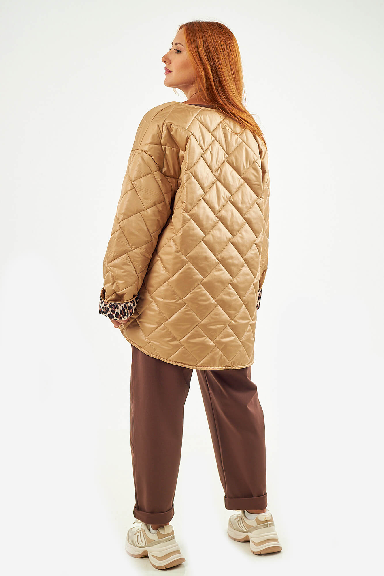 Sequoia Μοντέρνο Γυναικείο Oversize Μπουφάν με Καπιτονέ Σχέδιο και Επένδυση με Λεοπάρ JA-9793 Μπεζ