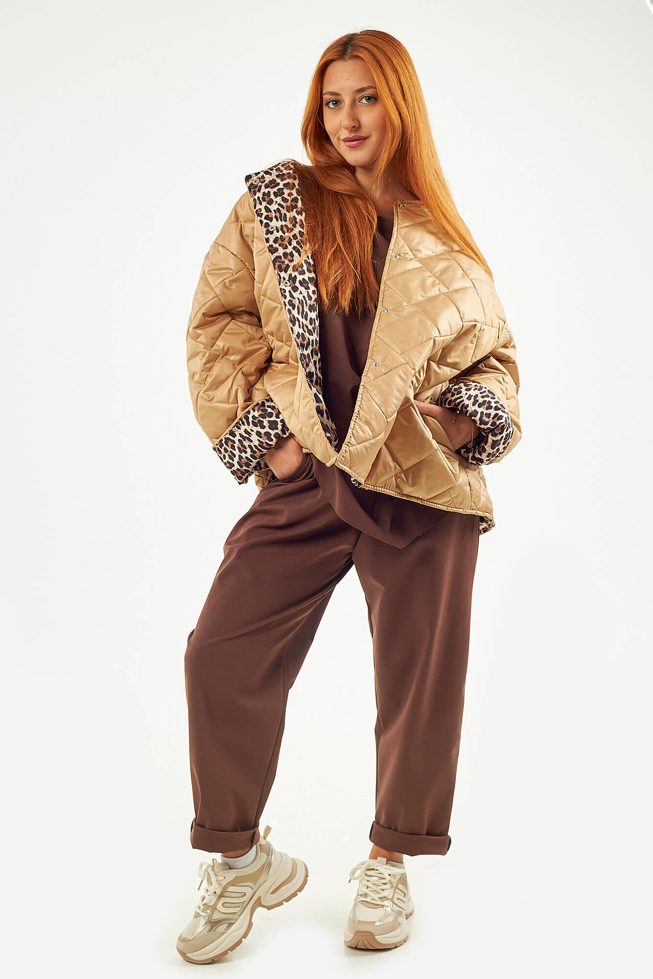 Sequoia Μοντέρνο Γυναικείο Oversize Μπουφάν με Καπιτονέ Σχέδιο και Επένδυση με Λεοπάρ JA-9793 Μπεζ