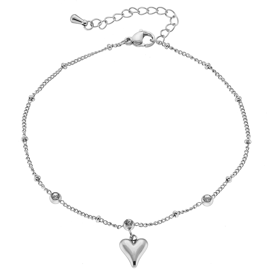 Sequoia ατσάλινη ασημί αλυσίδα ποδιού με καρδιά και ζιργκόν N-03782