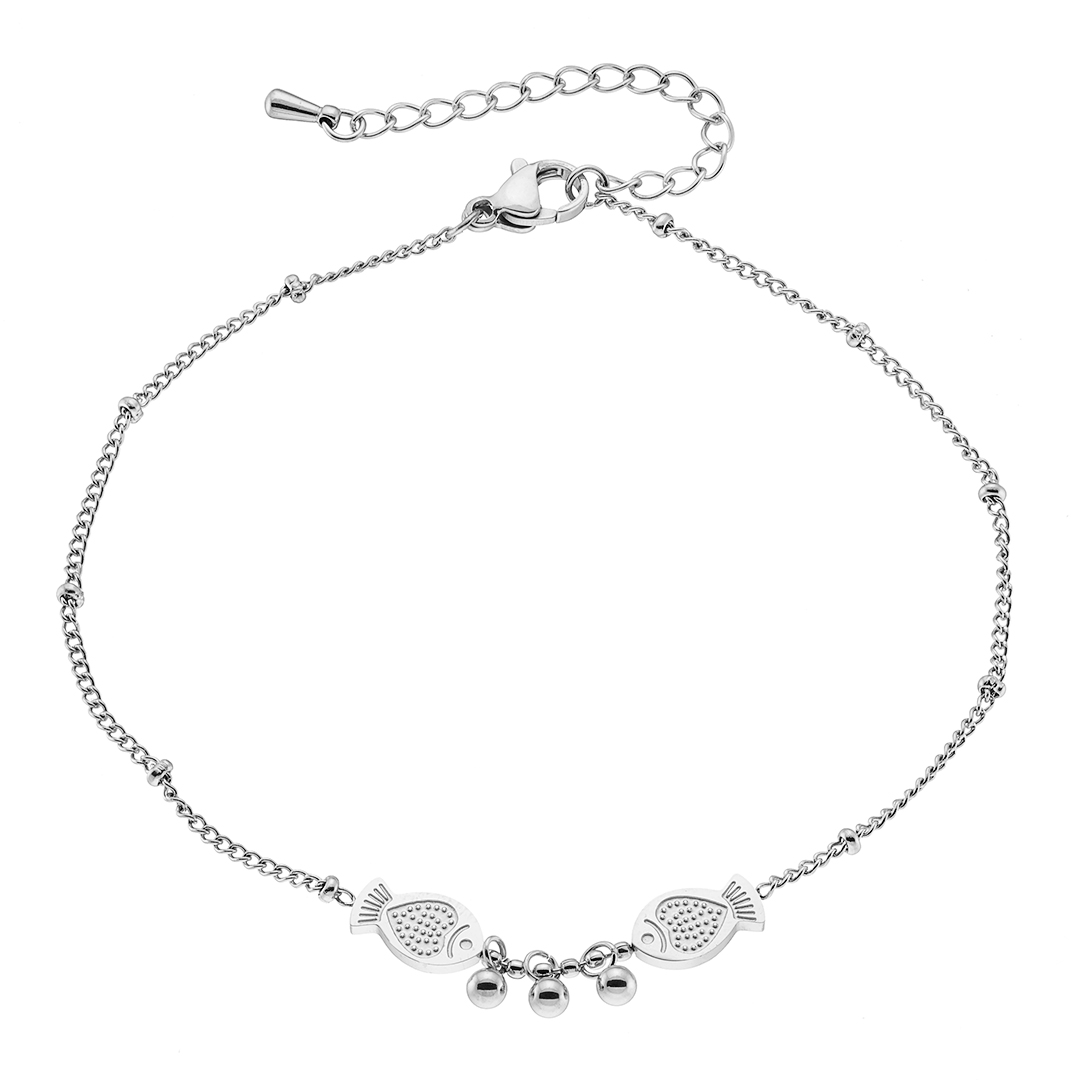 Sequoia ατσάλινη ασημί αλυσίδα ποδιού με 2 ψαράκια N-03784