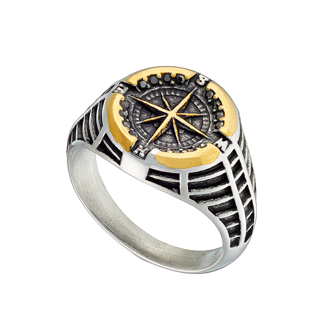 Sequoia Αντρικό Ατσάλινο Δαχτυλίδι με σχέδιο πυξίδα ZN-3815