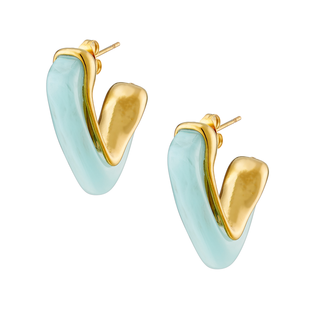 Sequoia σκουλαρίκι επίχρυσo σε σχήμα-V με γαλάζιο σμάλτο-ατσάλι-NE-02359AQ