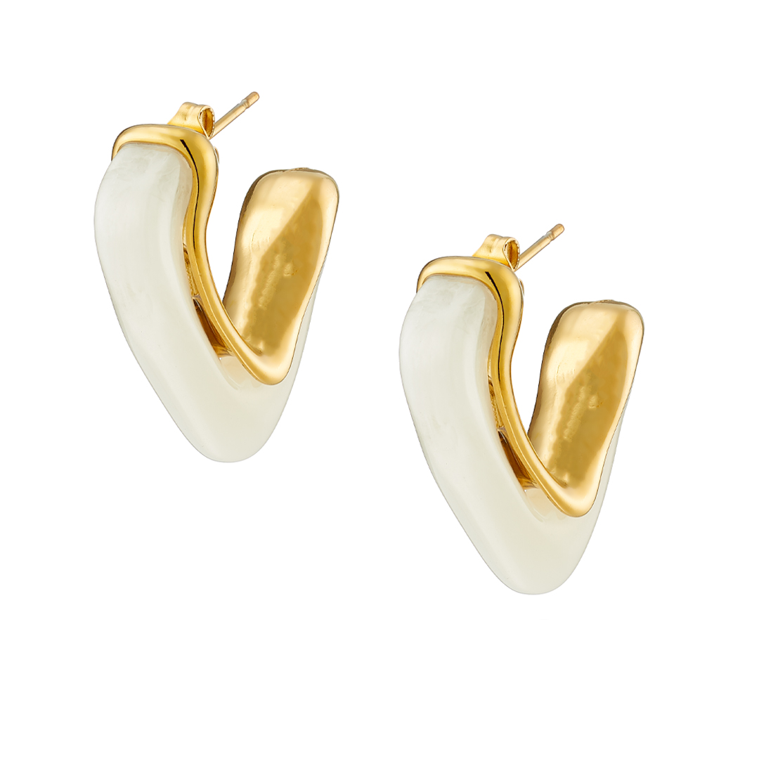 Sequoia σκουλαρίκι επίχρυσo σε σχήμα-V με άσπρο σμάλτο-ατσάλι- NE-02359W