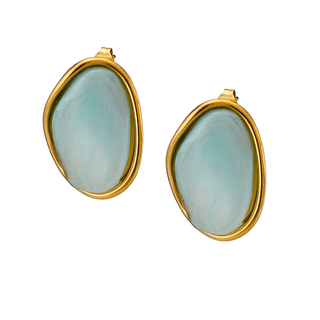 Sequoia σκουλαρίκι Επίχρυσο οβαλ με γαλάζιο αλάβαστρο – Stainless Steel – NE-02362AQ