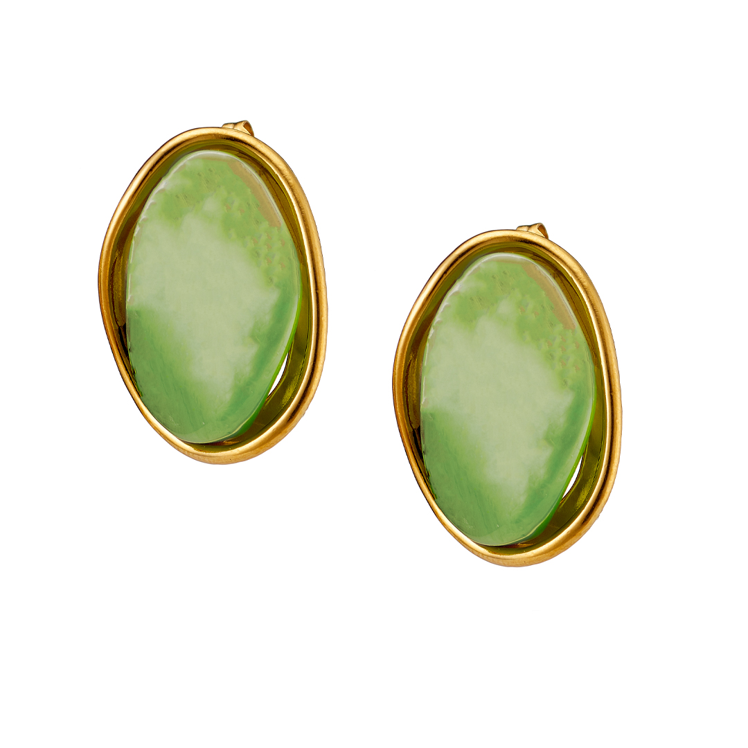 Sequoia σκουλαρίκι Επίχρυσο οβαλ με πράσινο αλάβαστρο – Stainless Steel – NE-02362GR