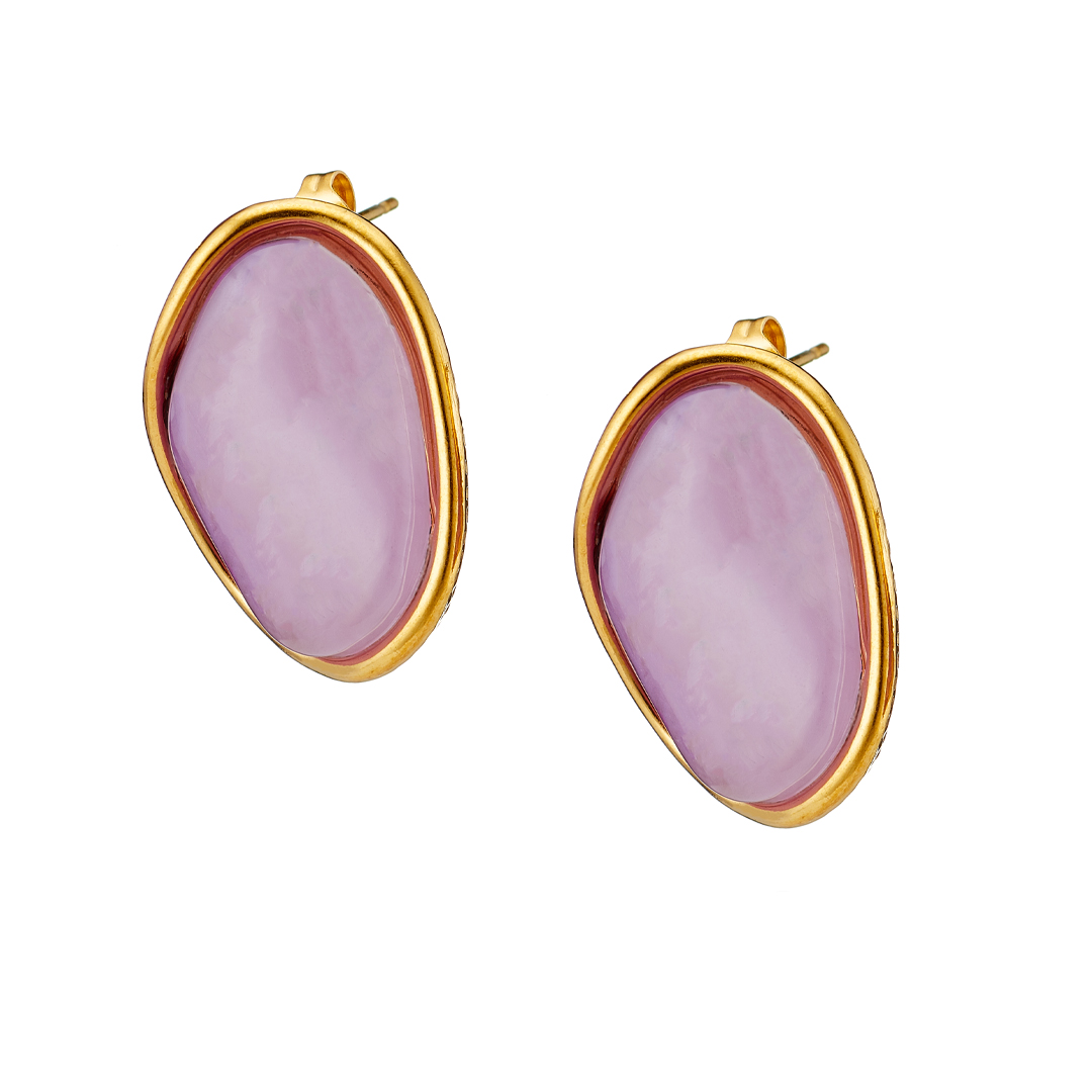 Sequoia σκουλαρίκι Επίχρυσο οβαλ με μωβ αλάβαστρο – Stainless Steel – NE-02362MV