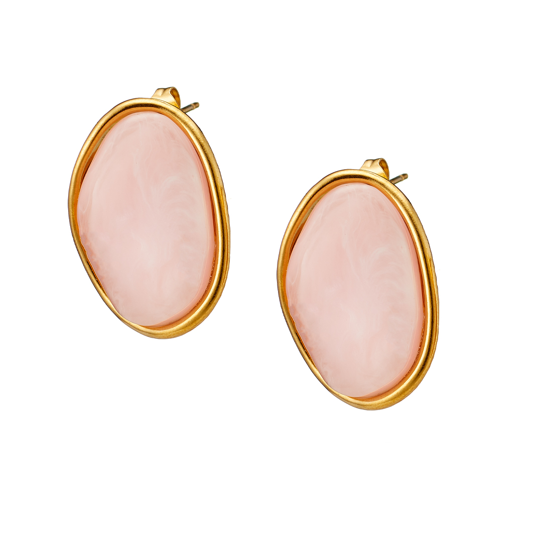 Sequoia σκουλαρίκι Επίχρυσο οβαλ με ροζ αλάβαστρο – Stainless Steel – NE-02362RZ