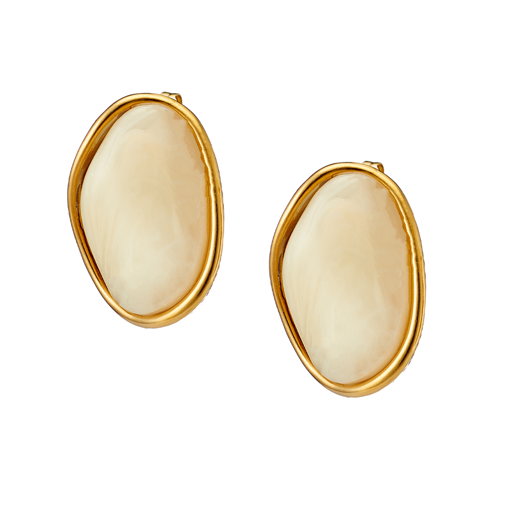 Sequoia σκουλαρίκι Επίχρυσο οβαλ με λευκό αλάβαστρο – Stainless Steel – NE-02362W