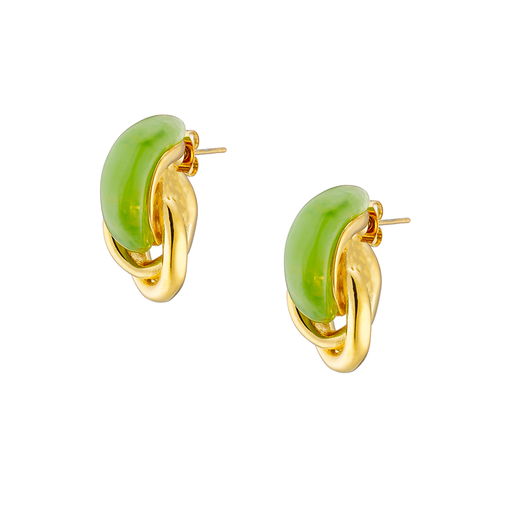 Sequoia σκουλαρίκι με διπλούς Επίχρυσους Κρίκους με Πράσινο Αλάβαστρο – Stainless Steel – NE-02363GR