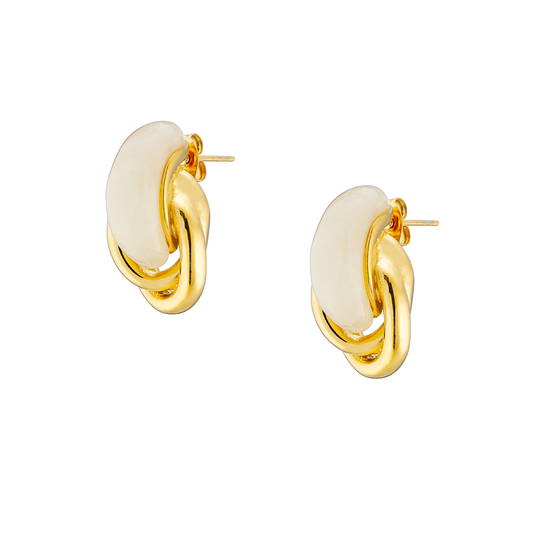 Sequoia σκουλαρίκι με διπλούς Επίχρυσους Κρίκους με Λευκό Αλάβαστρο – Stainless Steel – NE-02363W