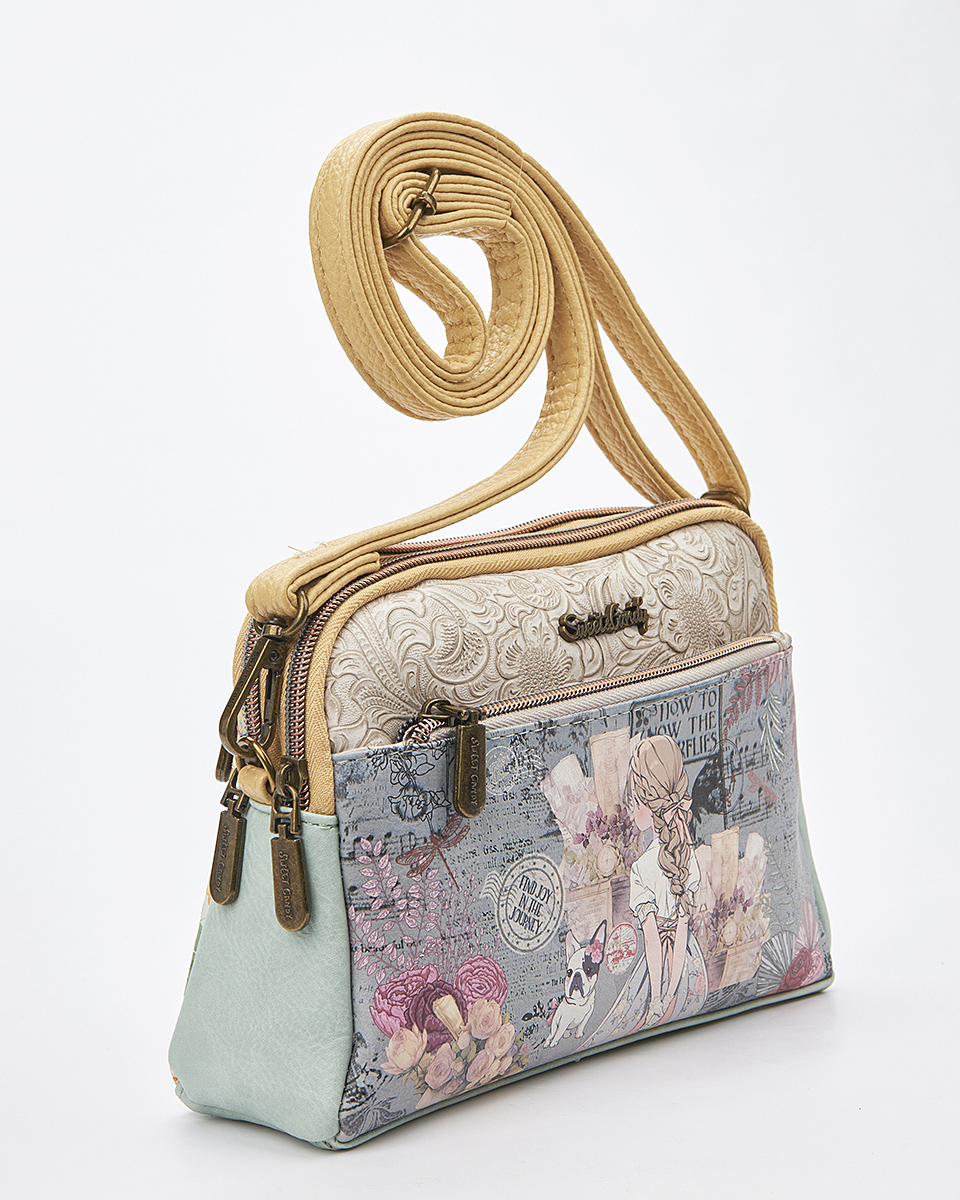 Sweet Candy Γυναικεία Τσάντα Ώμου με Διπλό Φερμουάρ και Λουλούδια – Floral Whisper