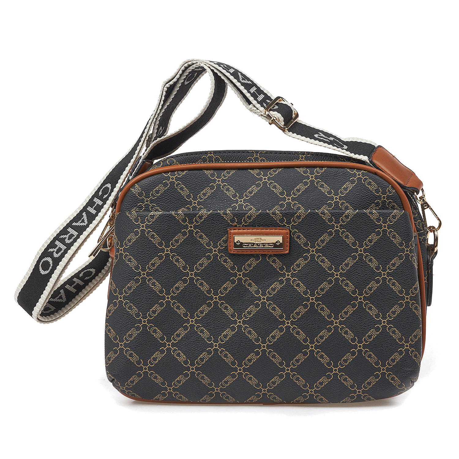 Γυναικεία Τσάντα Χιαστί Ώμου Charro CH3078-124 Μαύρο Με Καφέ Λεπτομέρειες