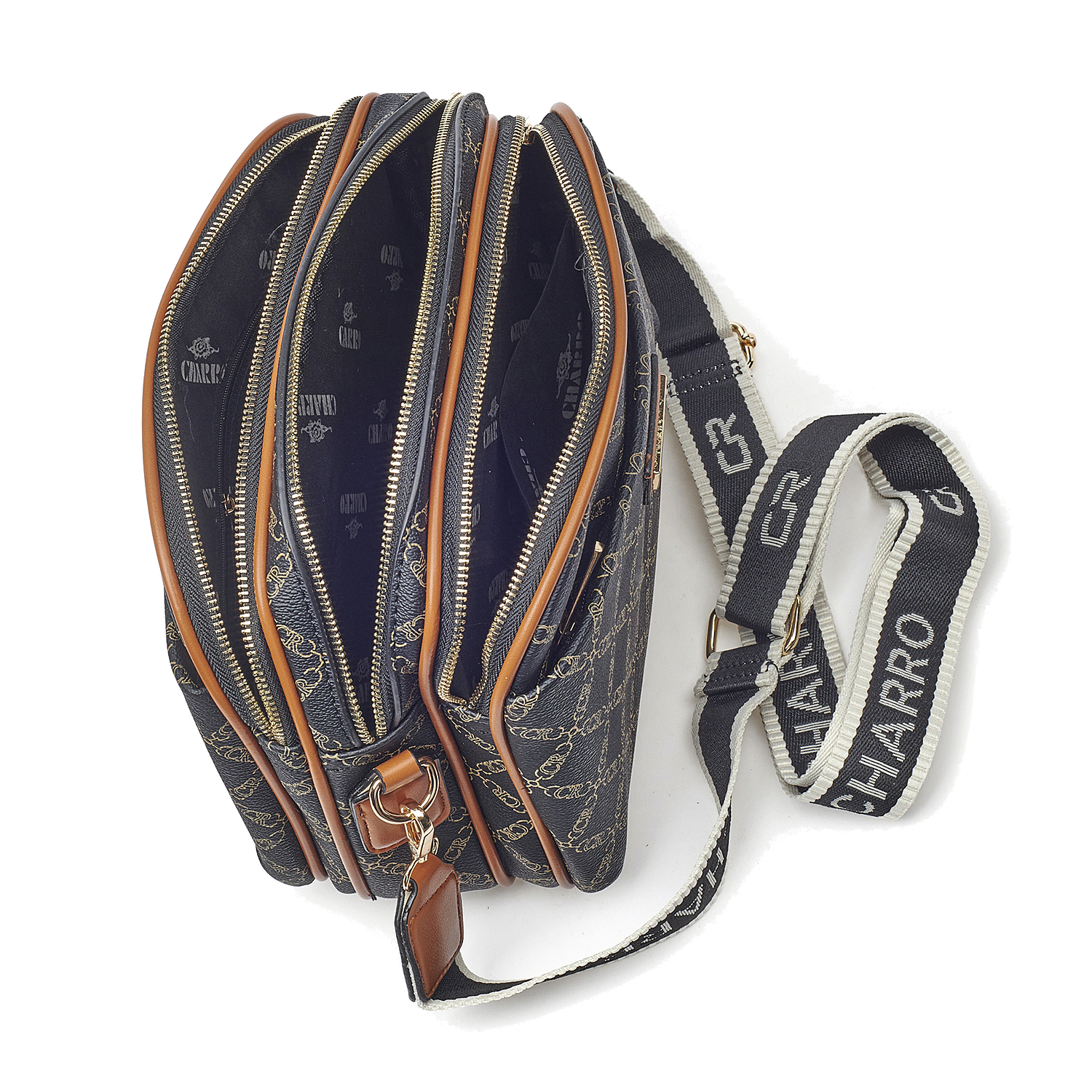 Γυναικεία Τσάντα Χιαστί Ώμου Charro CH3078-124 Μαύρο Με Καφέ Λεπτομέρειες