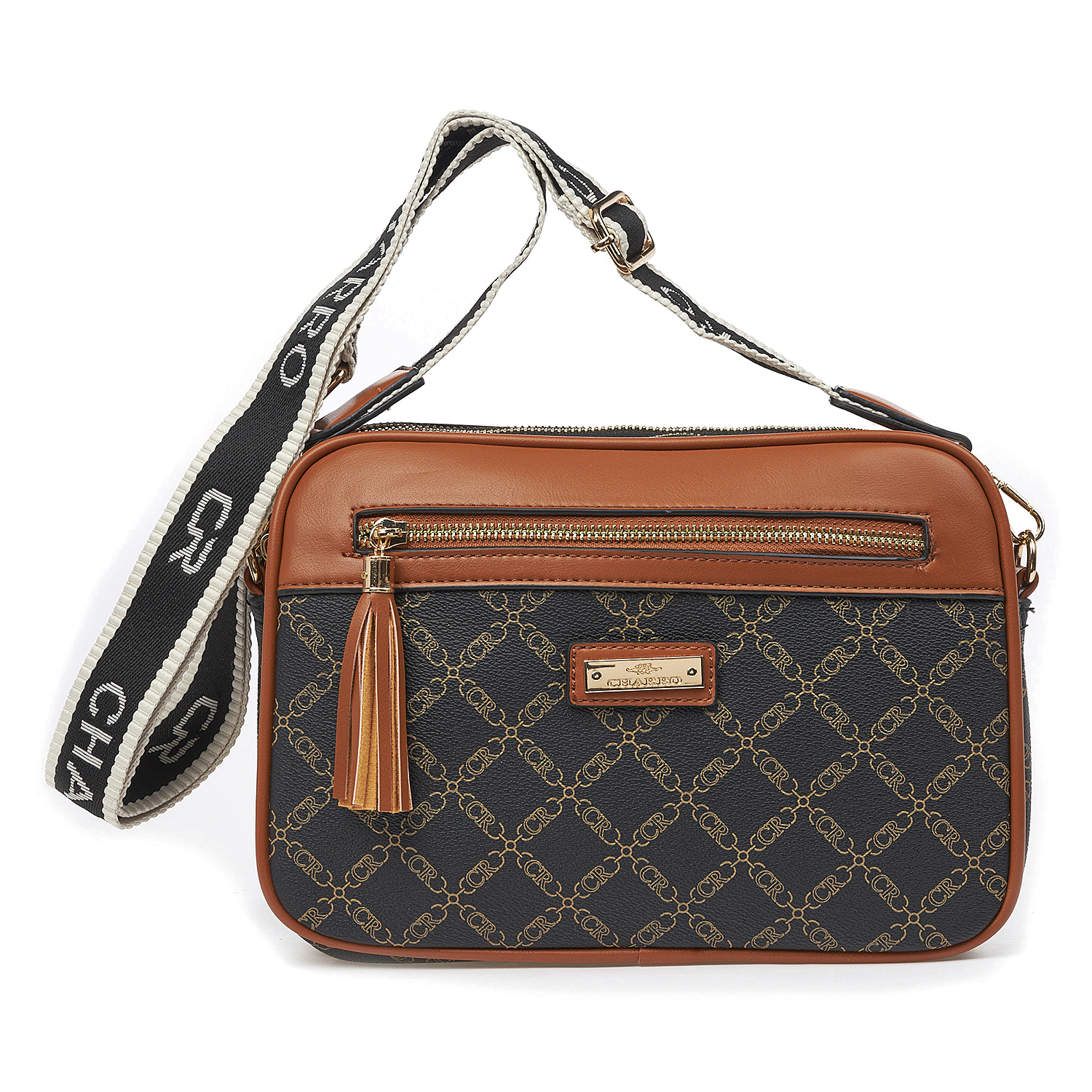 Γυναικεία Τσάντα Χιαστί Ώμου Charro CH3078-126 Μαύρο Με Καφέ Λεπτομέρειες