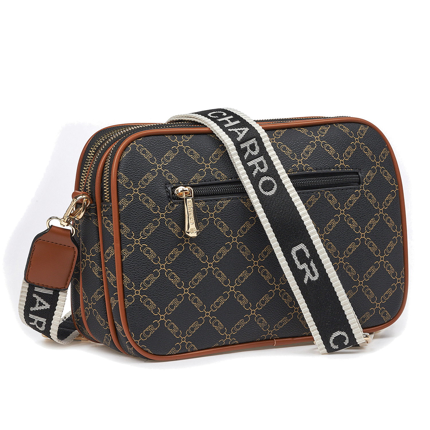 Γυναικεία Τσάντα Χιαστί Ώμου Charro CH3078-126 Μαύρο Με Καφέ Λεπτομέρειες